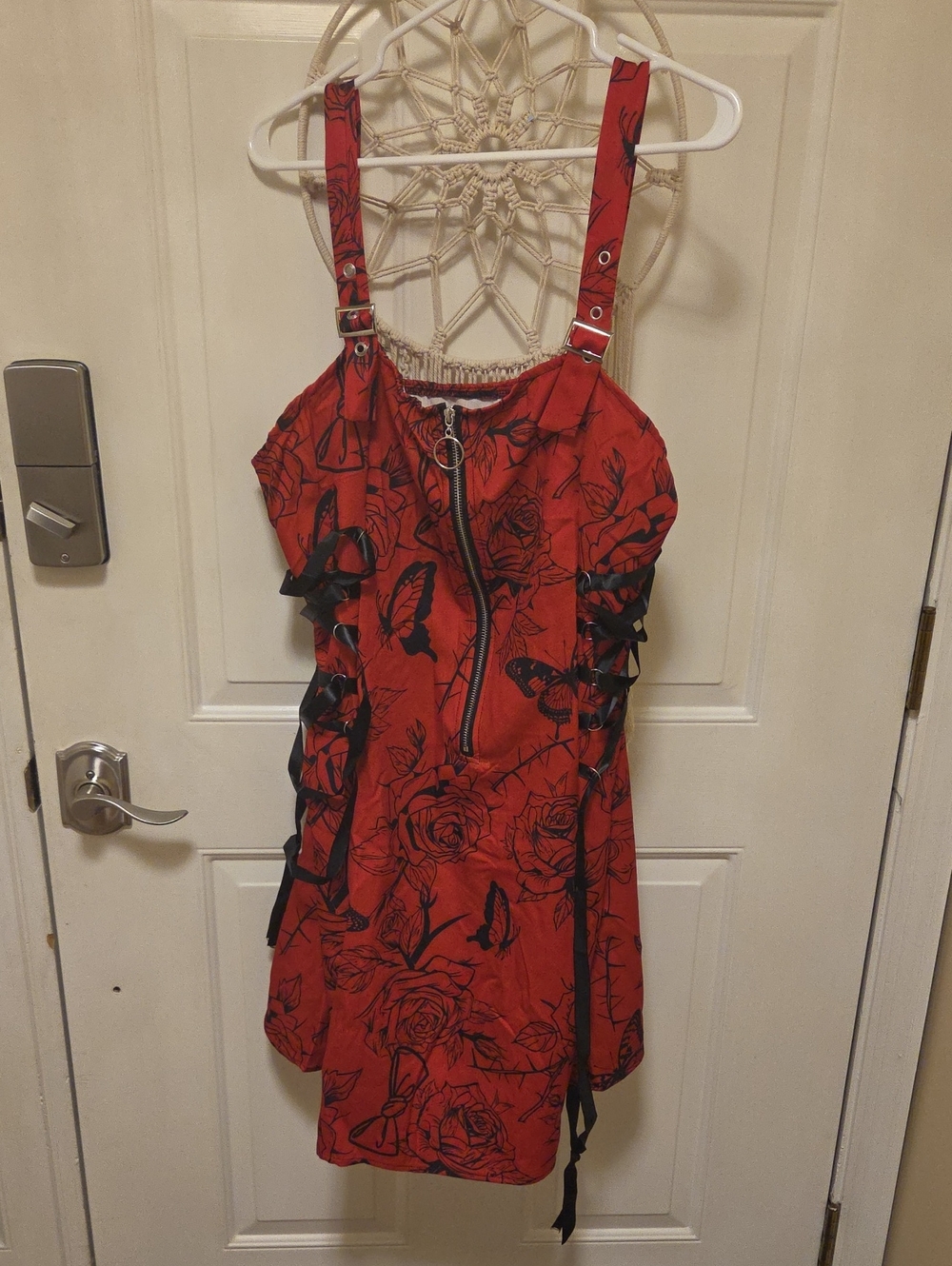 Red Floral Lace-Up Mini Dress with Front Zip